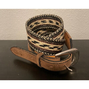 King Ranch Belt Mens 38 Brown Leather Woven Western Braided Geometric Buckle